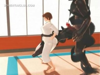 Hentai karate dziewczyna kneblowanie na za masywny phallus w 3d