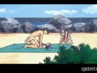 Hentai Chick Rides dick In 3some At The Beach