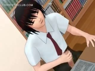 Pořádný anime teenager fucks velký dildo v knihovna